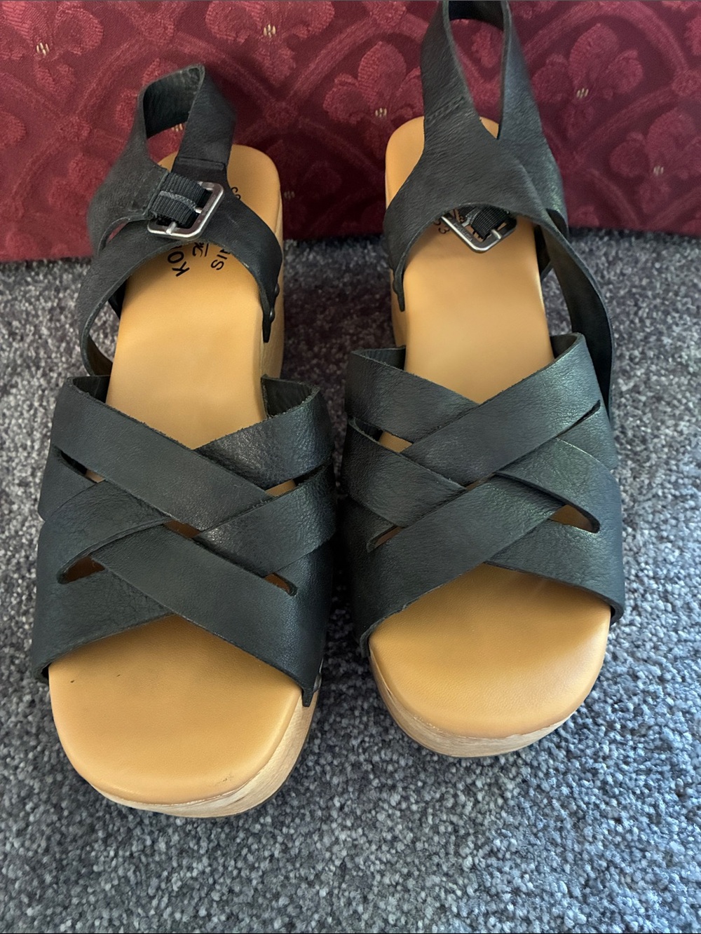 Kork-Ease Black Leather Crisscross Wedge Sandals